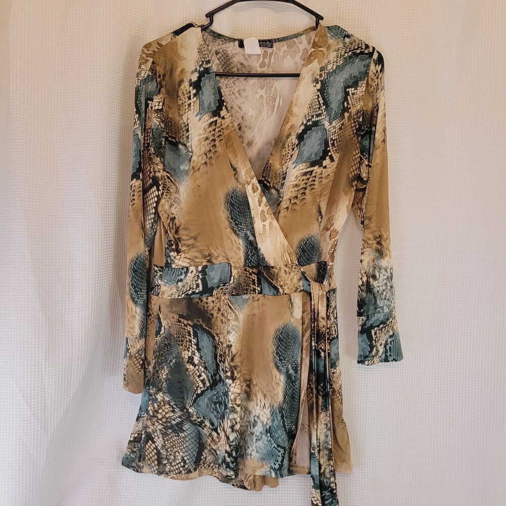 Ariella Womens M Romper Long Sleeve Snakeskin Brown Blue Neutrals Scales 80s 90s